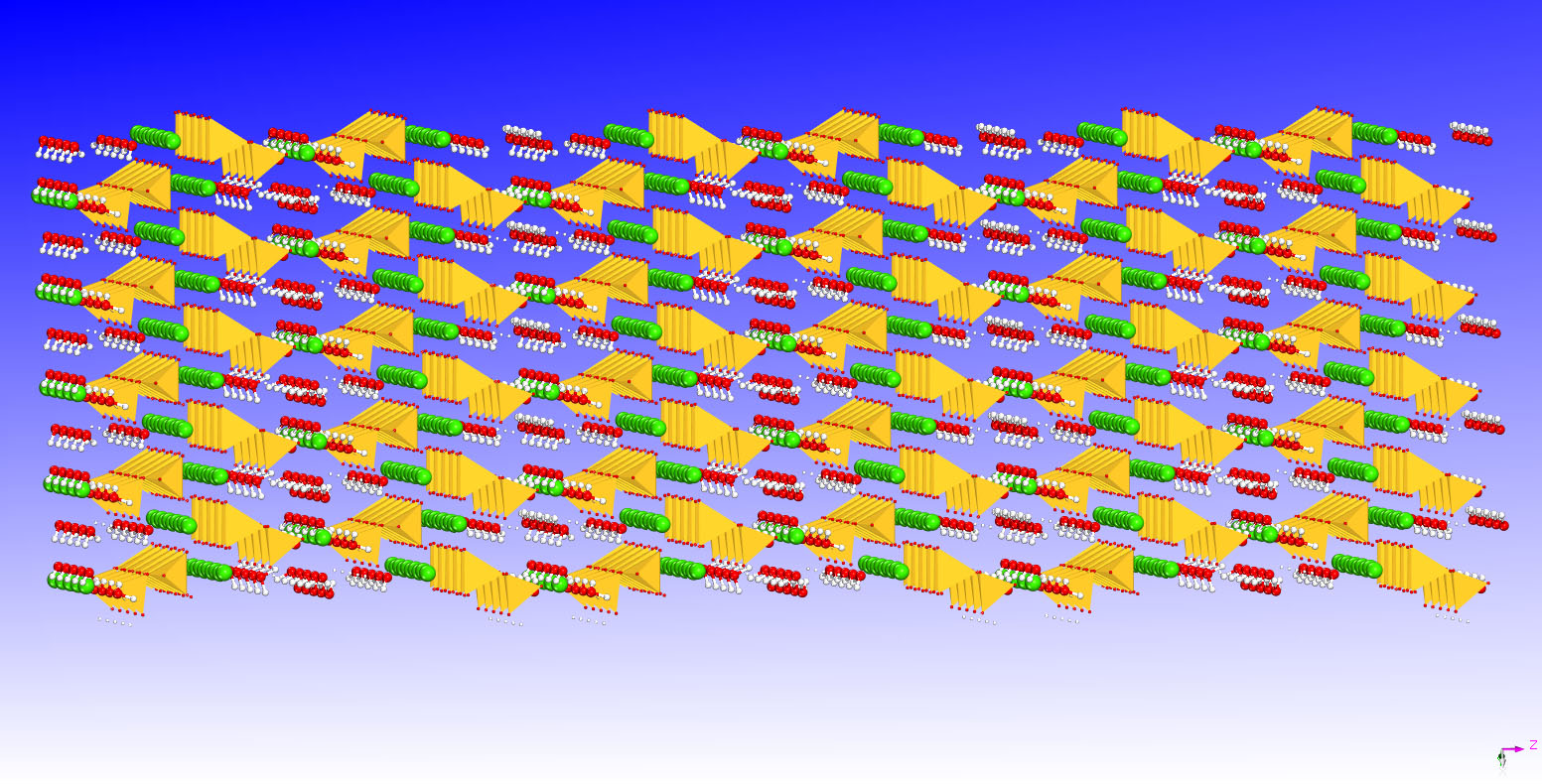 Vergrösserte Ansicht: Eine Simulation von Zement, basierend auf einem Modell aus der cemff-Datenbank. Das Modell enthält Wasserstoff (weiss), Sauerstoff (rot), Silikat (gelb) und Kalzium (grün). (Bild: ETH Zürich)
