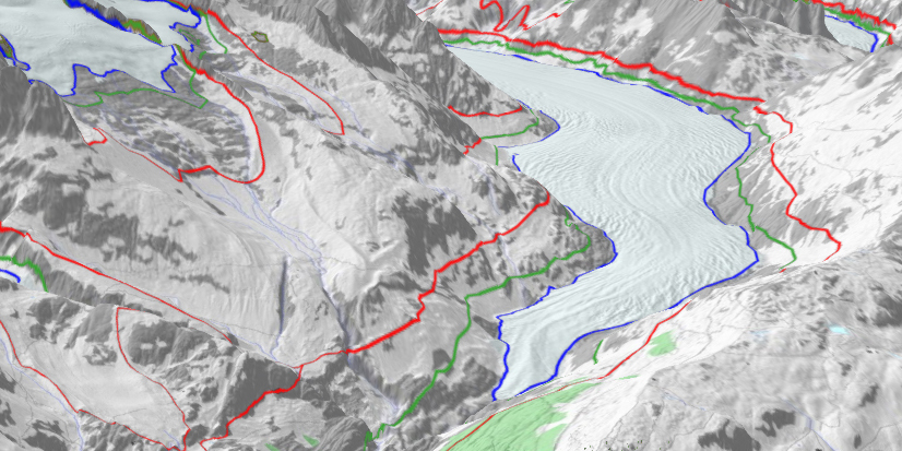 Die farbigen Linien zeigen an, wo der Rand des Aletschgletschers einst lag (rote Linie 1850, grün=1973, blau=2010). (Grafik: Swisstopo/GLAMOS)