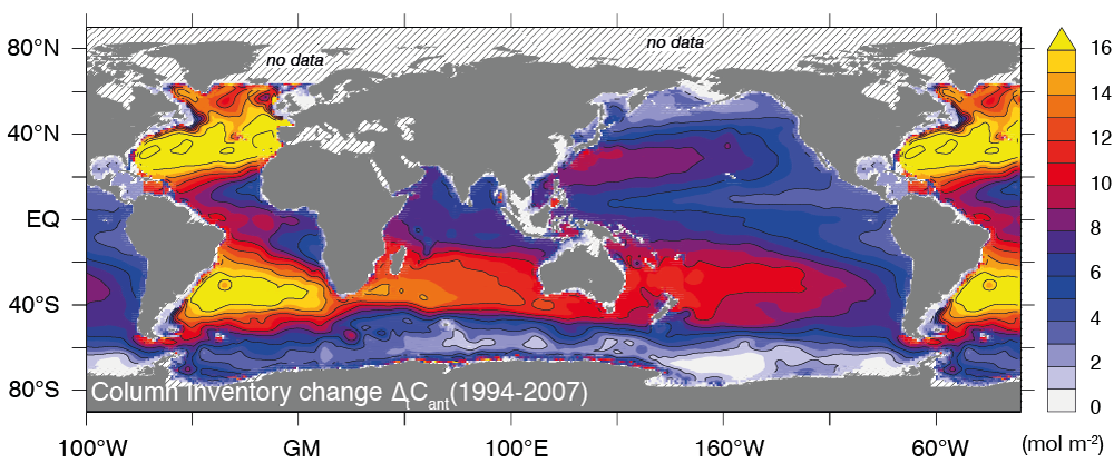 Vergrösserte Ansicht: Die Karte zeigt die Zunahme des menschgemachten CO2 (Säule bis 3000 Meter Tiefe) in den Weltmeeren zwischen 1994 und 2007. 