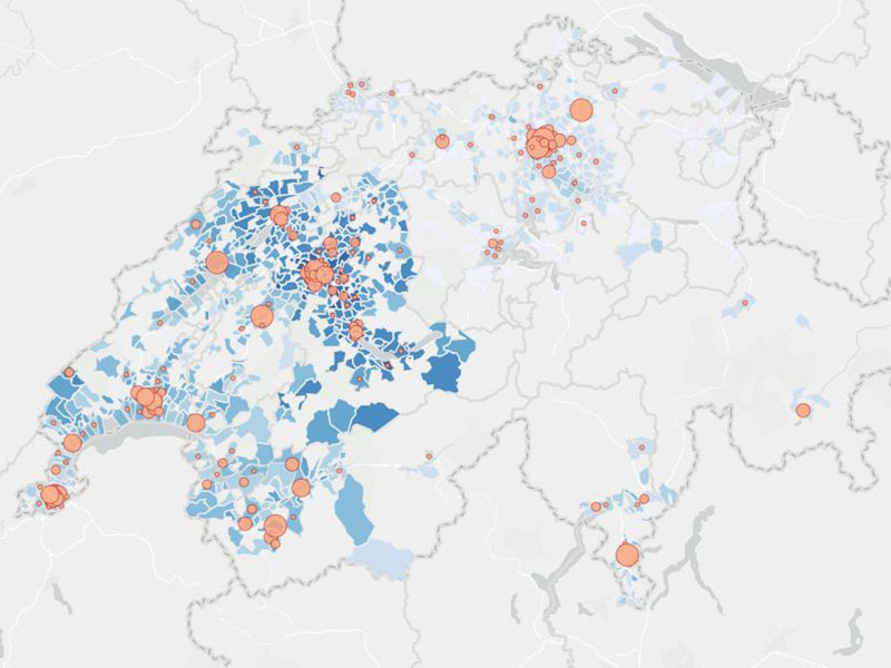 Vergrösserte Ansicht: Eine Karte stellt dar, wie sich die Corona-Fälle in der Schweiz verteilen. (Visualisierung: Covidtracker.ch) 