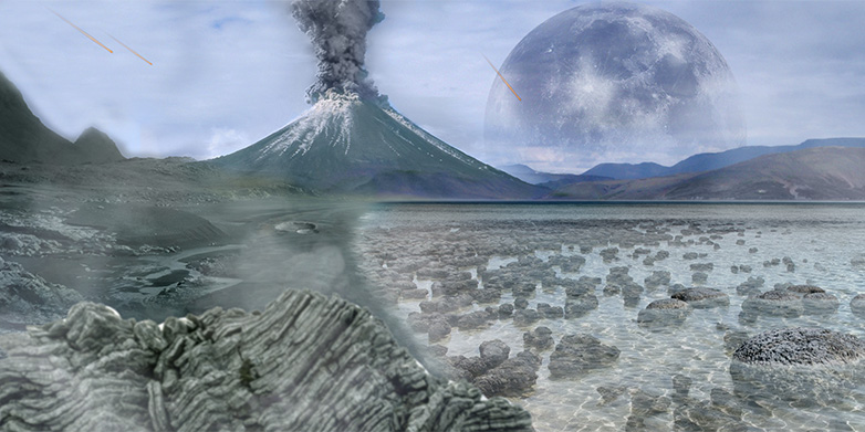 Artistic representation of the Earth in the Archean. Stromatolites, the first signs of life, are present in the shallow water. Graphic: Tim Bertelink, CC BY-SA 4.0, https://commons.wikimedia.org
