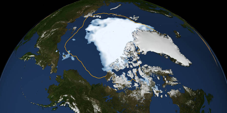 Enlarged view: Arctic sea ice on 26 August 2012: Never before since satellite surveillance began, the extent of the ice was as small as it was on that date. (Image: NASA Goddard Space Flight Center)