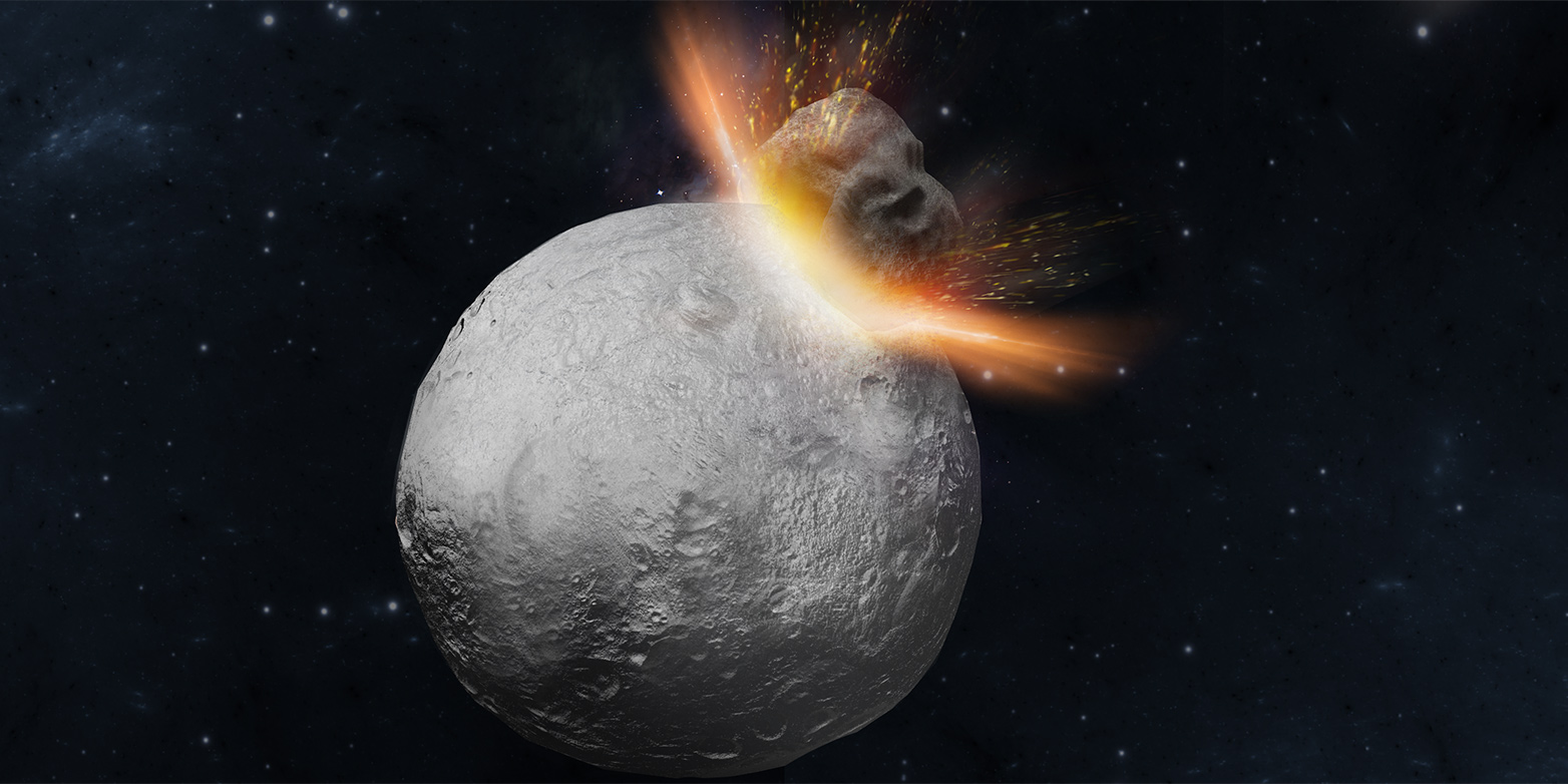 The artistic representation shows the presumed impact of a rock in the asteroid Vesta. (Graphic: Makiko Haba / ETH Zurich / Tokyo Inst. of Technology)