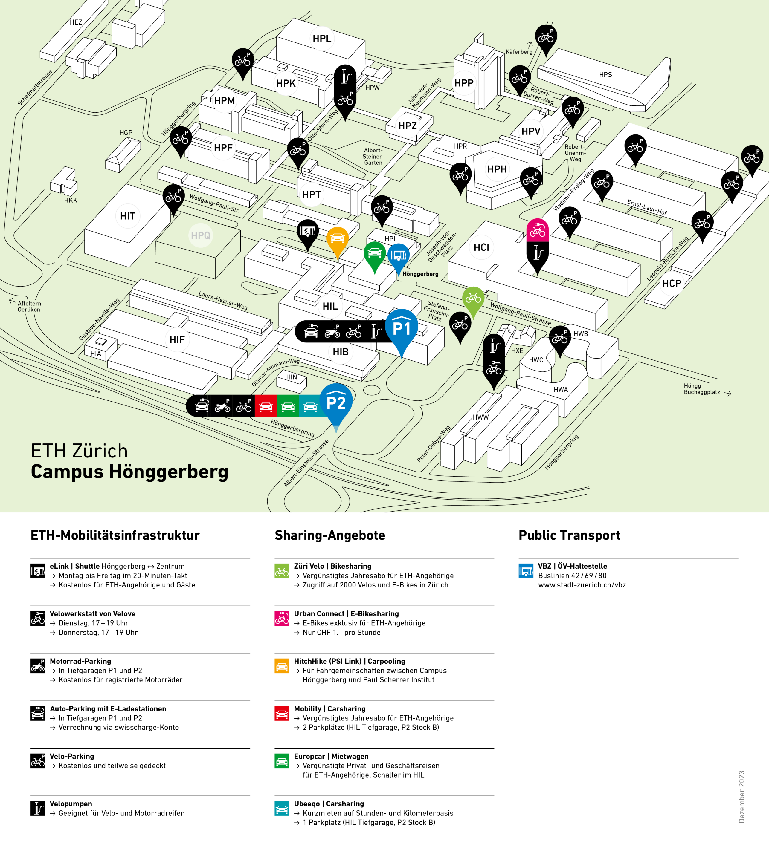 Vergrösserte Ansicht: Standorte der ETH-Mobilitätsangebote auf dem Campus Hönggerberg