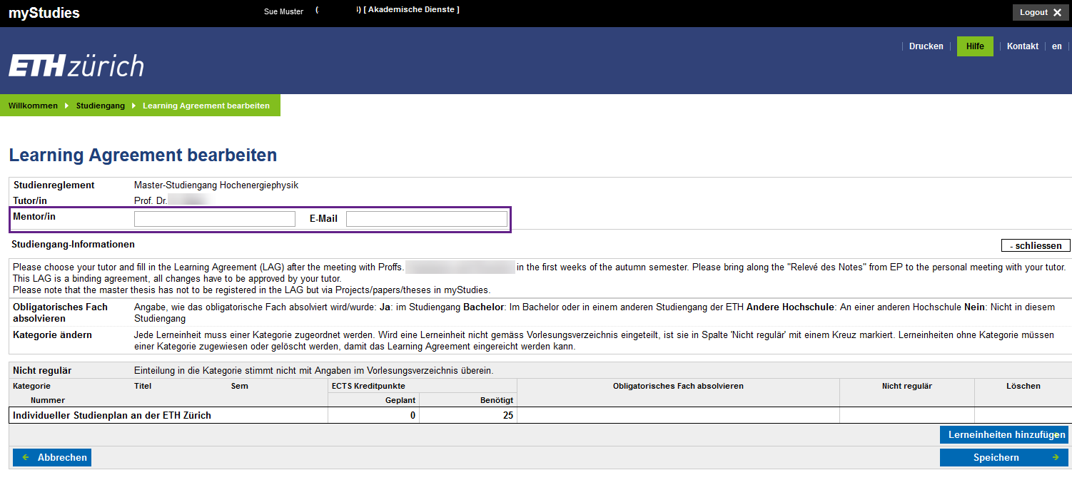 Vergrösserte Ansicht: Ein Screenshot aus myStudies wird angezeigt. Der Screenshot zeigt das Learning Agreement. Die Felder "Mentor/in" und "E-Mail" sind violett umrandet.