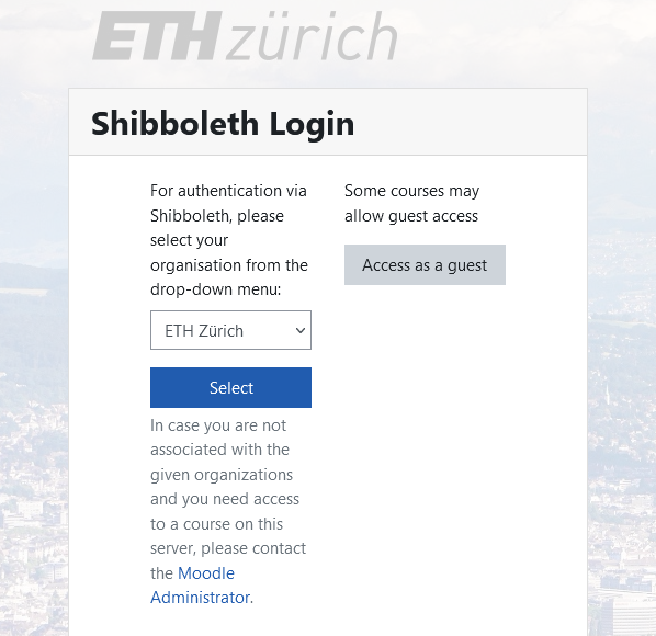 Im Dropdown wurde die "ETH Zurich" ausgewählt. Unterhalb des Dropdown ist ein blauer "Select" Button.