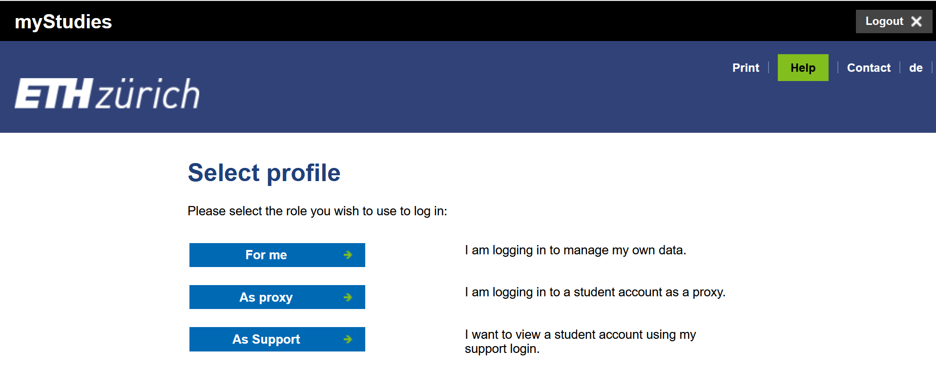 It shows a screenshot from the application myStudies. Select a profile to login for support processes is displayed.