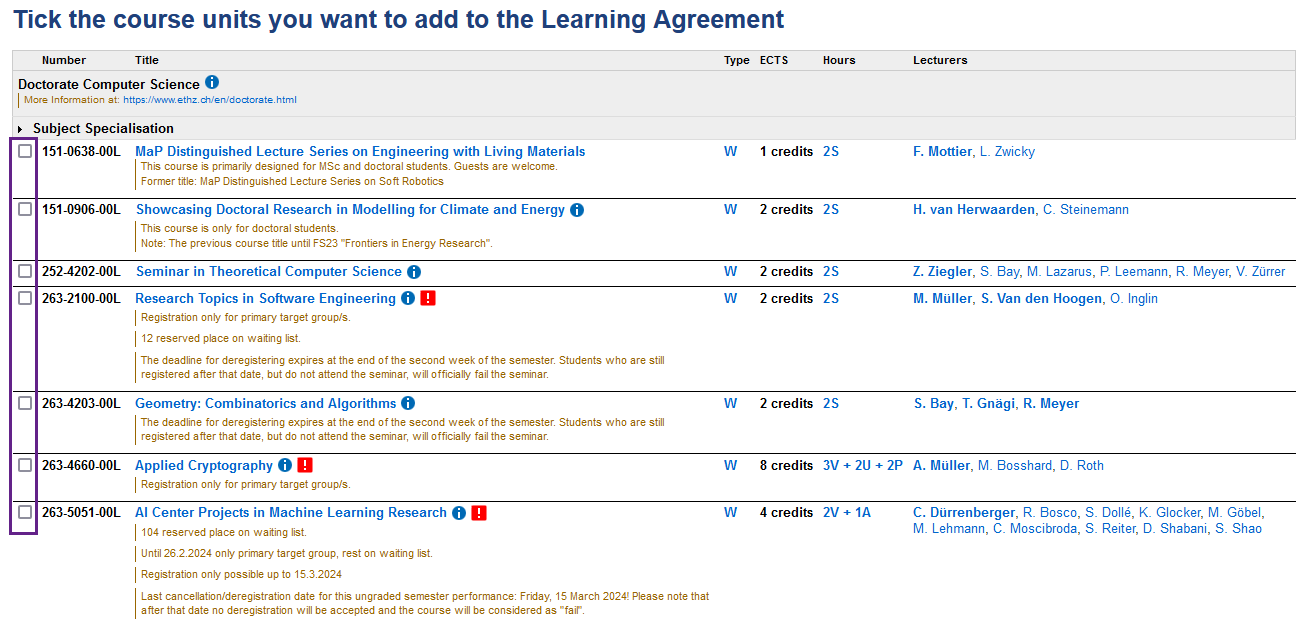 Enlarged view: A screenshot from myStudies is shown. The screenshot shows the possibility to tick course units in order to add them to the Learning Agreement. The checkboxes to tick the course units are outlined in violet.