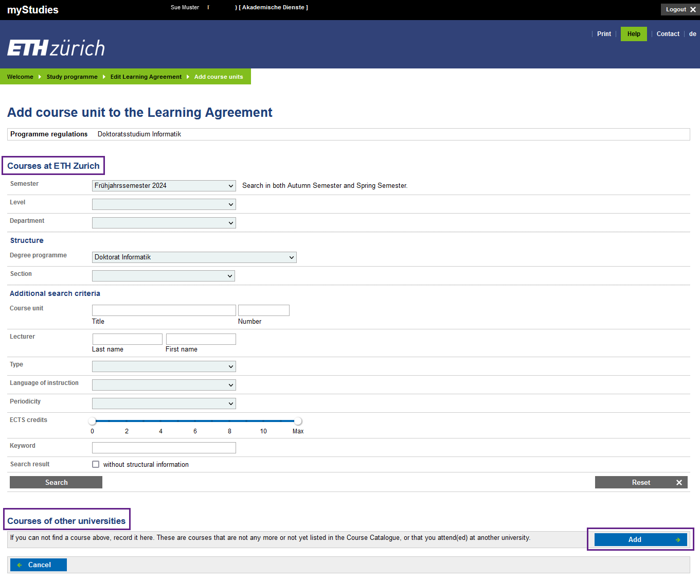 A screenshot from myStudies is shown. The screenshot shows the adding of a course unit to the Learning Agreement.