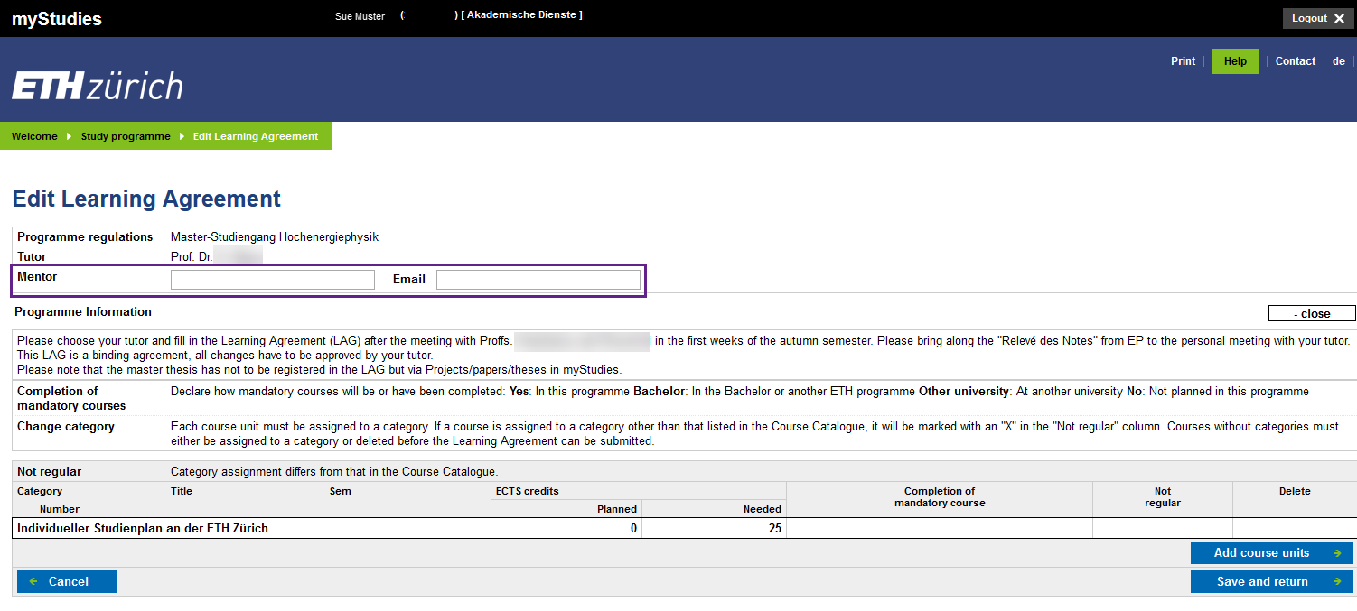 Enlarged view: A screenshot from myStudies is shown. The screenshot shows the editing of the Learning Agreement. The fields mentor and e-mail address are outlined in violet.