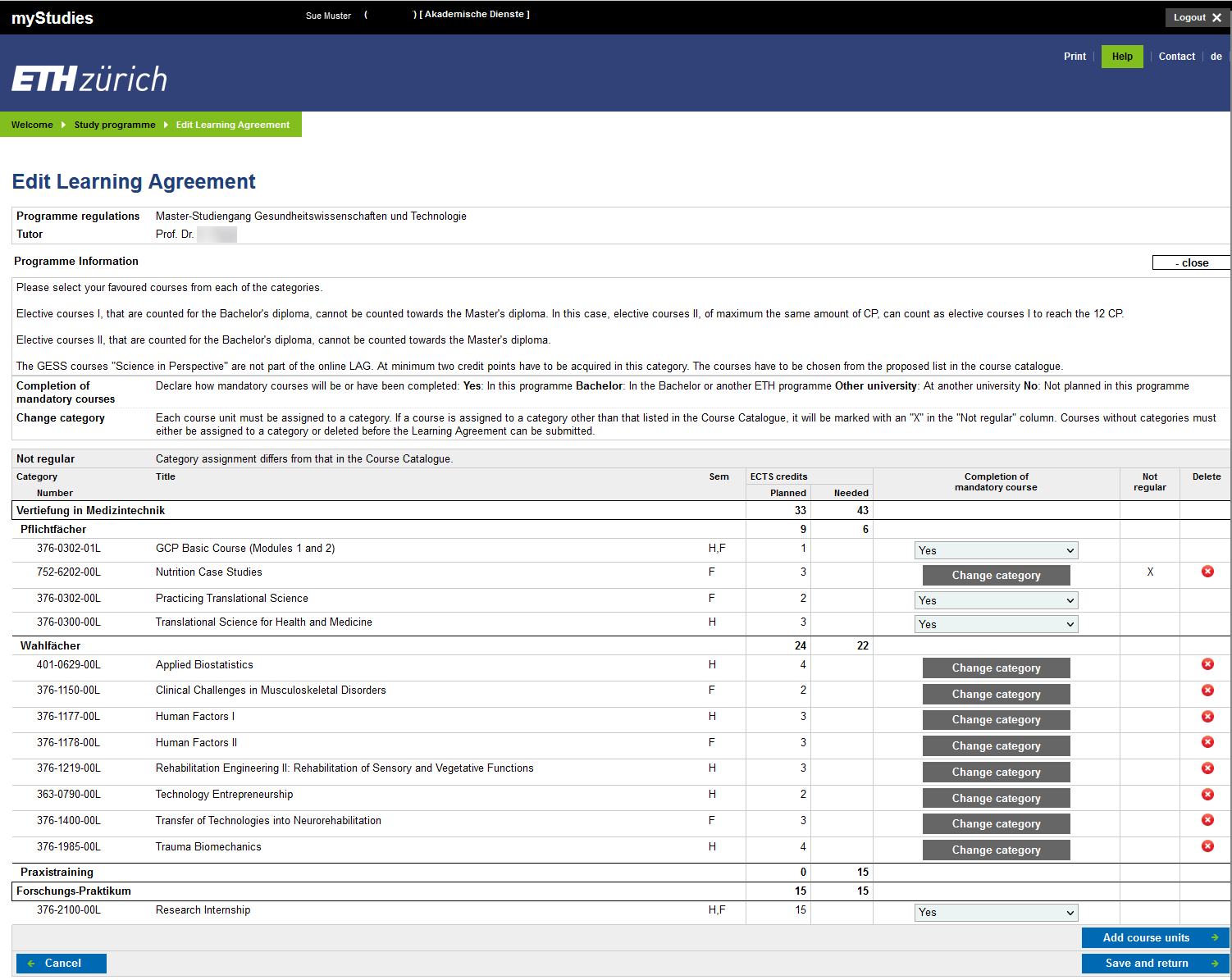 Enlarged view: A screenshot from myStudies is shown. The screenshot shows the editing of the Learning Agreement.