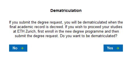 A screenshot from myStudies is shown. The screenshot shows the message that Bachelor's students are dematriculated when the final academic record is decreed if there are no other active matriculations. If Bachelor's students wish to proceed their studies at ETH Zurich, they must first enrol in the new degree programme before submitting the degree request.