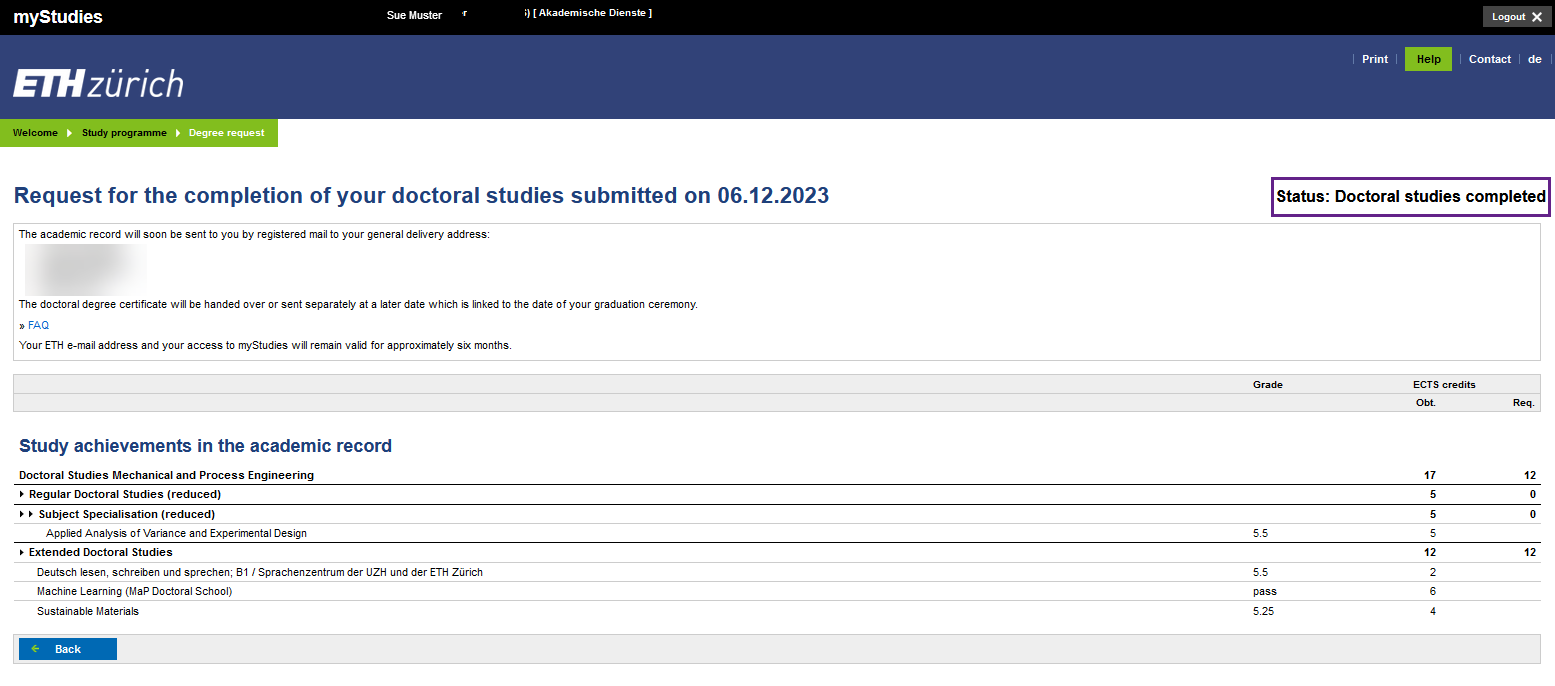 Enlarged view: A screenshot from myStudies is shown. The screenshot shows that the request for the completion of the doctoral studies is completed. The following area is outlined in violet: “Status: Doctoral studies completed”.