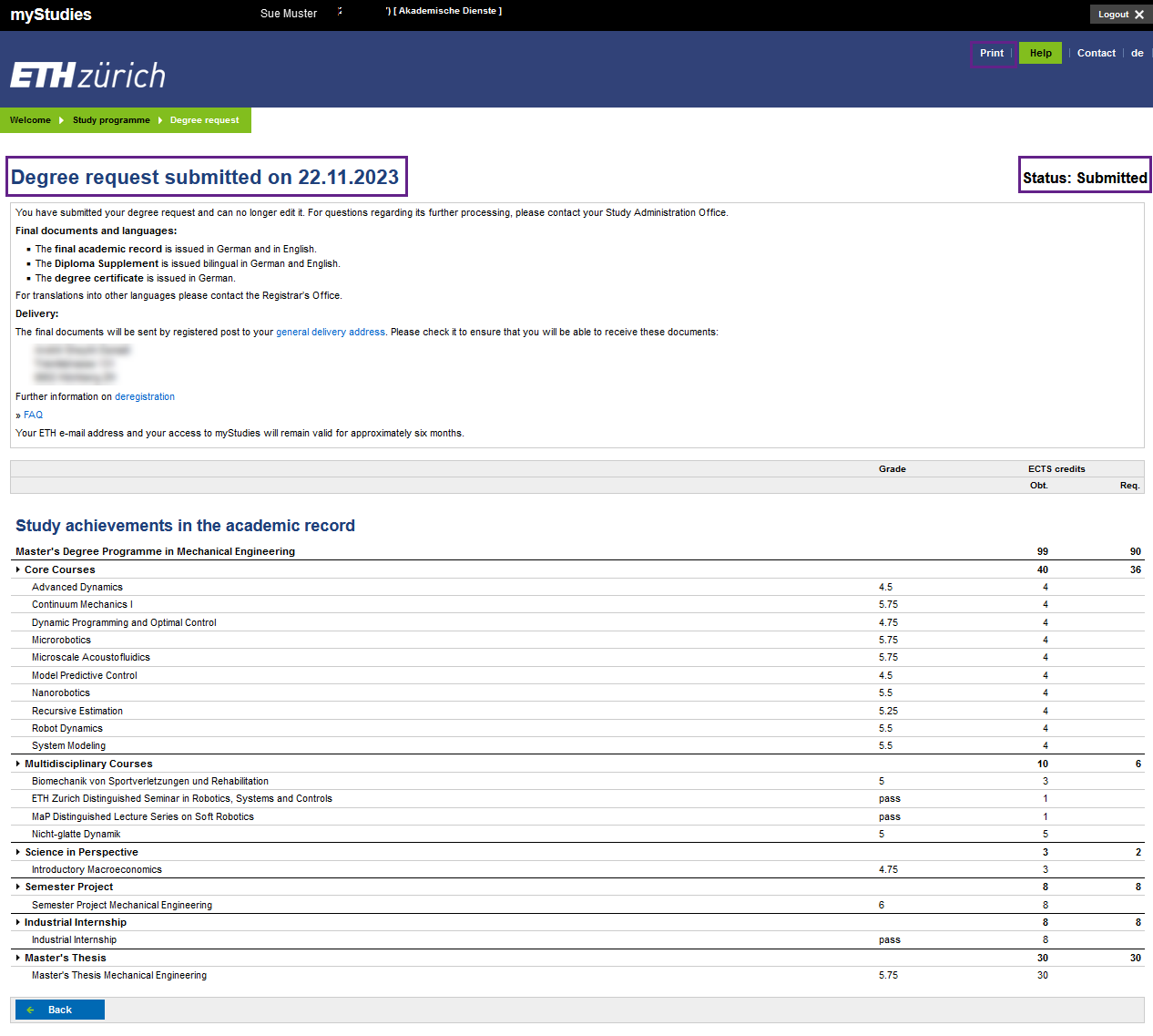 Enlarged view: A screenshot from myStudies is shown. The screenshot shows that the request has already been submitted. The following area is outlined in violet: “Degree request submitted on 22.11.2023”, “Status: Submitted” and “Print”.