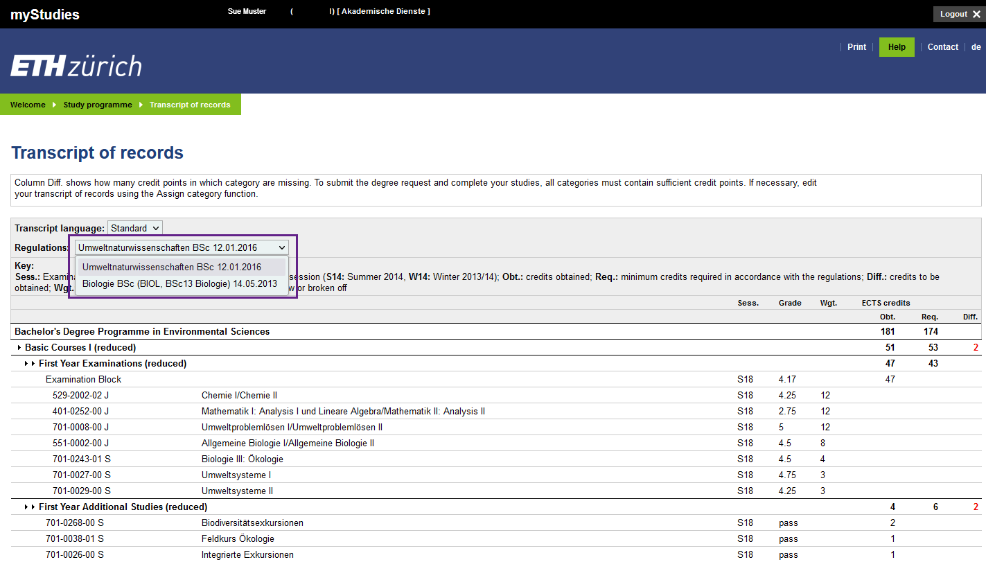 Enlarged view: A screenshot from myStudies is shown. The screenshot shows the transcript of records. The drop-down menu “Regulations” is outlined in violet.