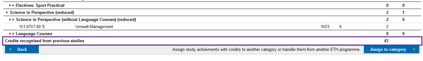 A screenshot from myStudies is shown. The screenshot shows an excerpt from the transcript of records. “Credits recognised from previous studies: 43” is outlined in violet.