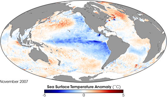 Vergrösserte Ansicht: Die Anomalien der Oberflächentemperatur des Meerwassers zeigen ein La-Niña-Ereignis im November 2007 (Bildmitte): Relative Abkühlungen sind in blau, Erwärmungen in rot dargestellt. (Grafik: NASA Earth Observatory)
