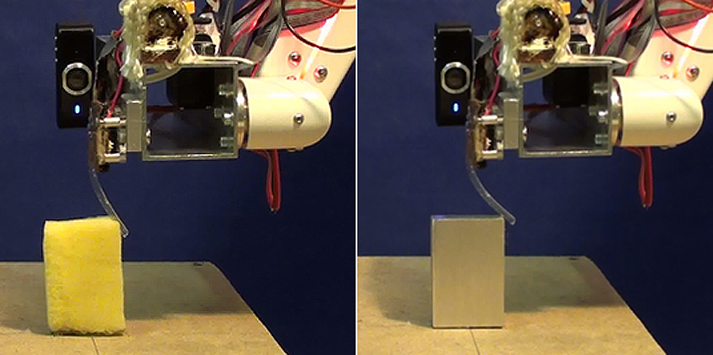 Vergrösserte Ansicht: Der Roboter misst die Elastizität eines Schwamms (l.) und eines Metallblocks mit Plastikstreifen, die er selbst herstellt. (Bild: Surya Nurzaman / ETH Zürich)