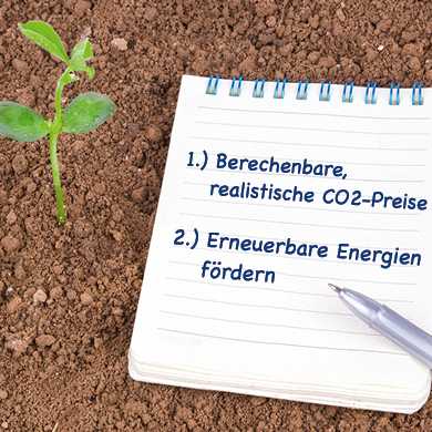 Zehn Punkte für den Klimaschutz: Block mit Punkt 1 und 2 neben keimenden Pflanzen