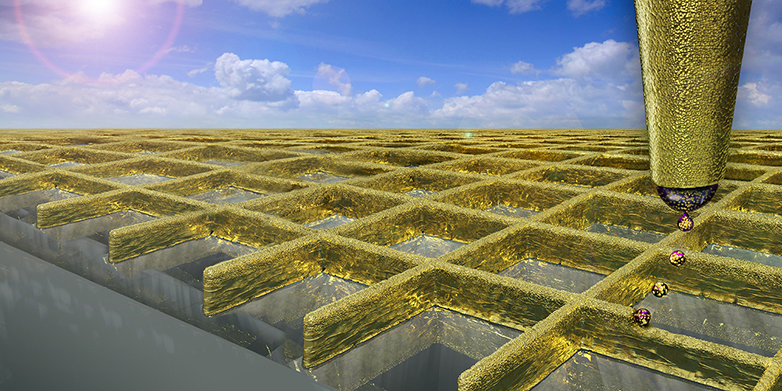 Vergrösserte Ansicht: Mit einer speziellen Variante des sogenannten elektrohydrodynamisches Tintenstrahldrucks können Wissenschaftler ein Gitternetz aus sehr feinen Goldwänden drucken. (Illustration: Ben Newton / Digit Works)