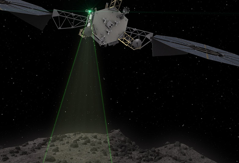 Vergrösserte Ansicht: Eine Raumsonde scannt und charakterisiert die Oberfläche eines Asteroiden. (Illustration: NASA)