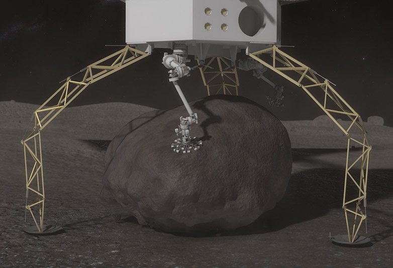 Vergrösserte Ansicht: Ein Landevehikel sichert einen Brocken Asteroidenmaterie. (Illustration: NASA)