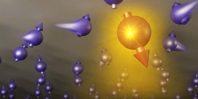 Ein Polaron (orange) bildet sich inmitten der Elektronen (violett) eines Festkörpers. (Grafik: ETH Zürich / Meinrad Sidler)