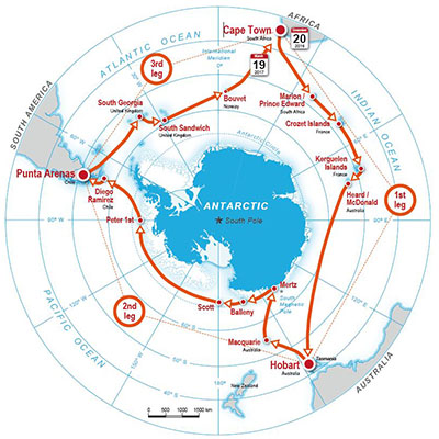 Vergrösserte Ansicht: In drei Etappen um den Südpol: Übersichtskarte der Expedition.
