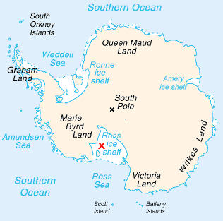 Antarktis: Das Ross-Schelfeis ist mit einem roten X markiert.