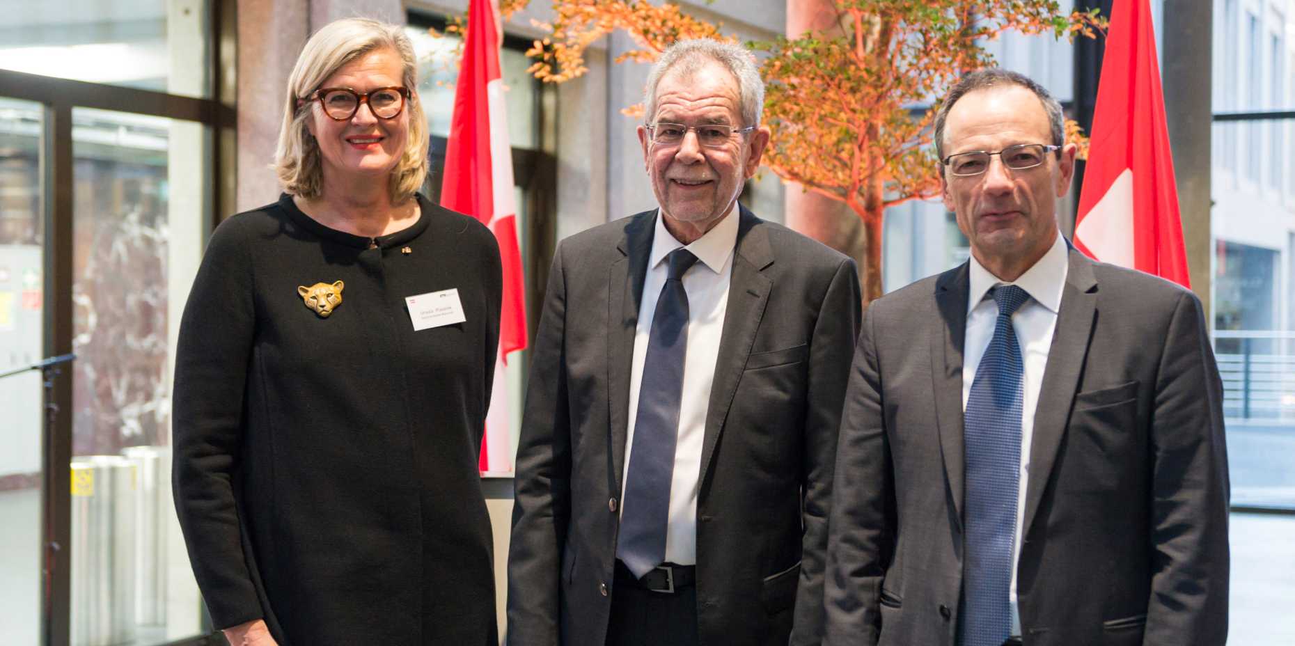 Österreichische Botschafterin Ursula Plassnik, österreichischer Bundespräsident Alexander Van der Bellen und ETH-Präsident Lino Guzzella 