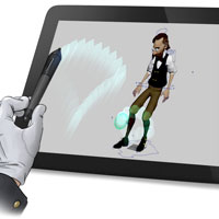 Animierte Figur mit Ball auf Tablet