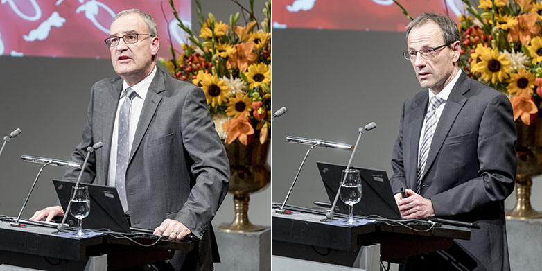 Vergrösserte Ansicht: ETH und Bund verbindet bei Sicherheitsthemen eine enge Partnerschaft. Bundesrat Parmelin (l.) und ETH Präsident Lino Guzzella (Bild: PPR / Nick Soland / ETH Zürich)
