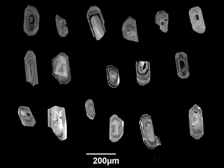 Vergrösserte Ansicht: Zirkonkristalle unter dem Mikroskop: Diese Mineralien speichern die Temperatur in einer Magmakammer über sehr lange Zeit. (Bild: Dawid Szymanowski / ETH Zürich)