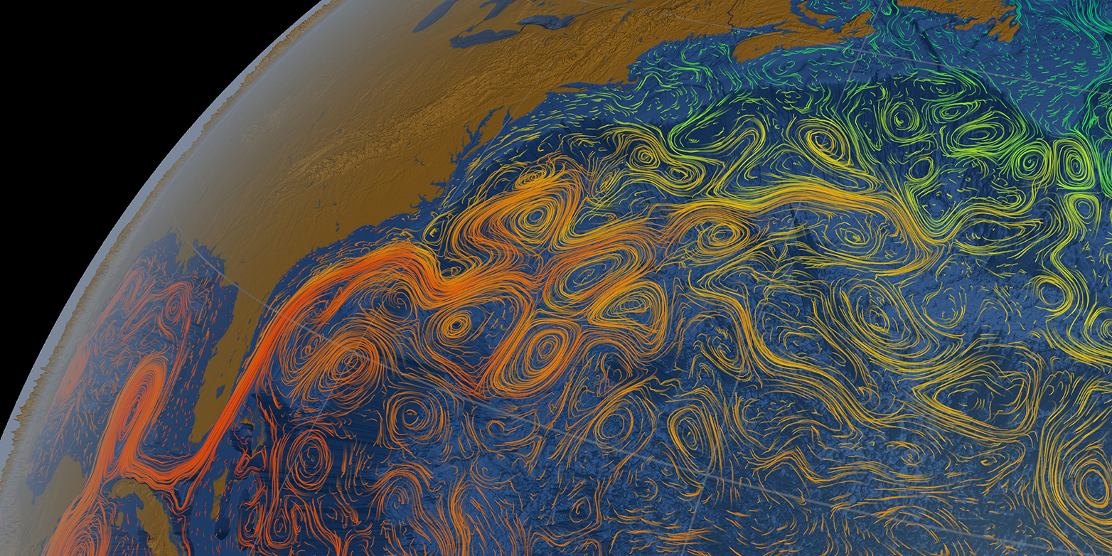 Der Golfstrom spaltet auf seiner Südseite Warmwasserwirbel mit einem Kern aus eisenreichem kalten Küstenwasser ab. (Grafik: NASA/Goddard Space Flight Center Scientific Visualization Studio)