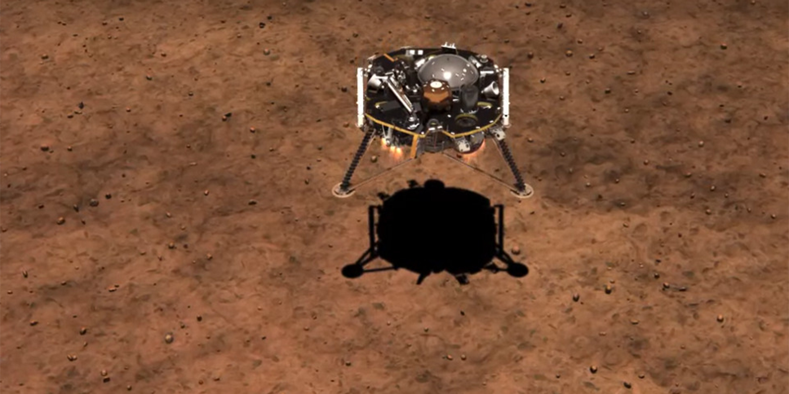 Vergrösserte Ansicht: Computeranimation der Landung des Insight-Landers auf dem Mars. (Grafik: Nasa)