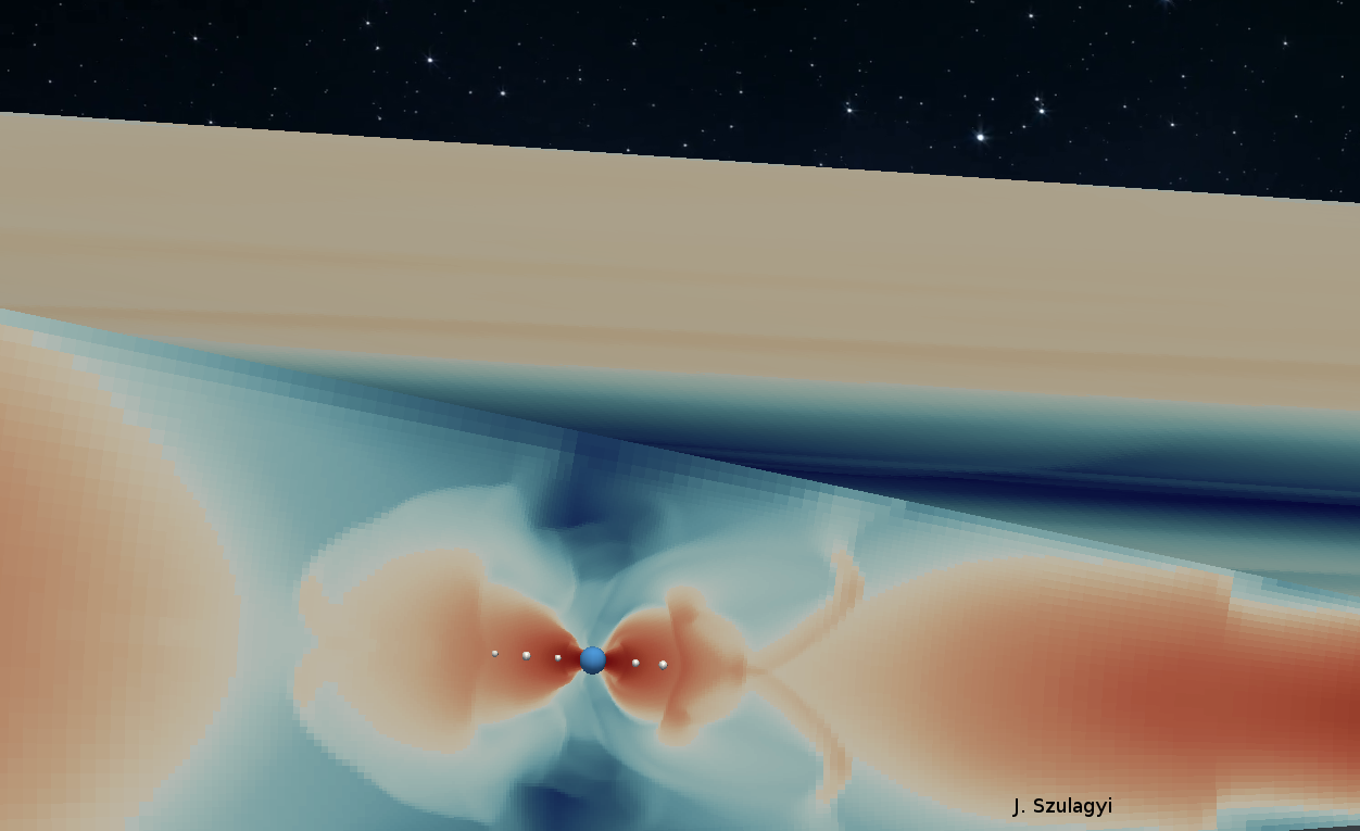 Vergrösserte Ansicht: Computersimulationen zur Bildung von Monden (weisse Objekte) um den Neptun (blaue Kugel). (Grafik: Judit Szulágyi)
