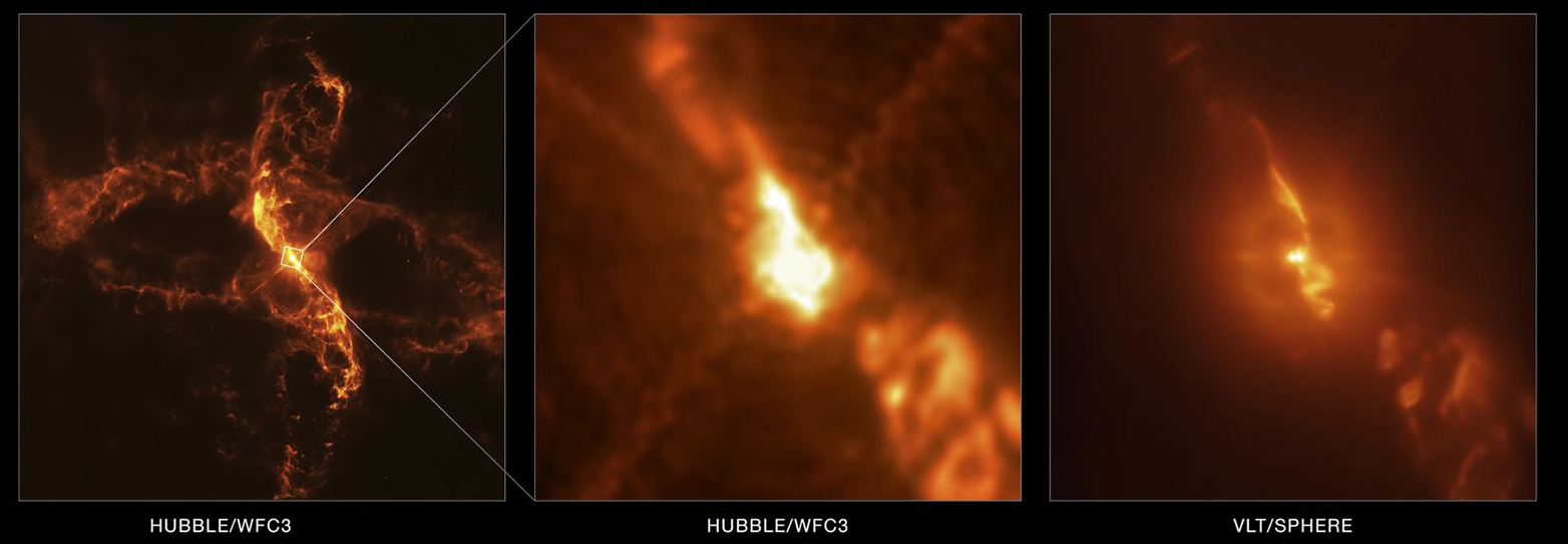 Vergrösserte Ansicht: Das von den ETH-Forschern erstellte Bild (rechts) eines Doppelsternsystems im Sternbild Aquarius (links) ist schärfer als dasjenige des Hubble-Weltraumteleskops (Mitte). (Videostill aus www.eso.org/public/videos/eso1840a/ )