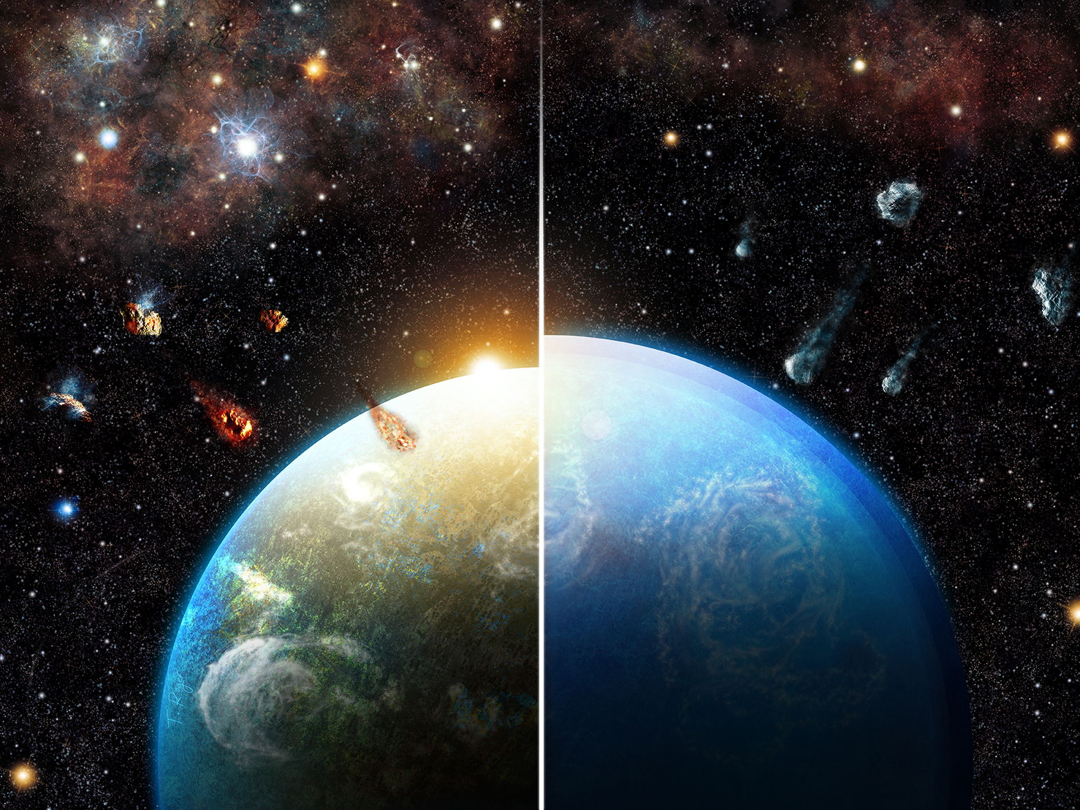 Vergrösserte Ansicht: Entstehen Planetensysteme in dichten Regionen, wo massereiche Sterne geformt wurden, so erben sie erhebliche Mengen an Aluminium-26, das die Planeten-Bausteine vor der Akkumulation austrocknet (links). Planeten in Regionen mit Sternen geringer Masse sammeln hingegen wasserreiche Bausteine an und werden zu Ozeanwelten (rechts). (Grafik: Thibaut Roger)