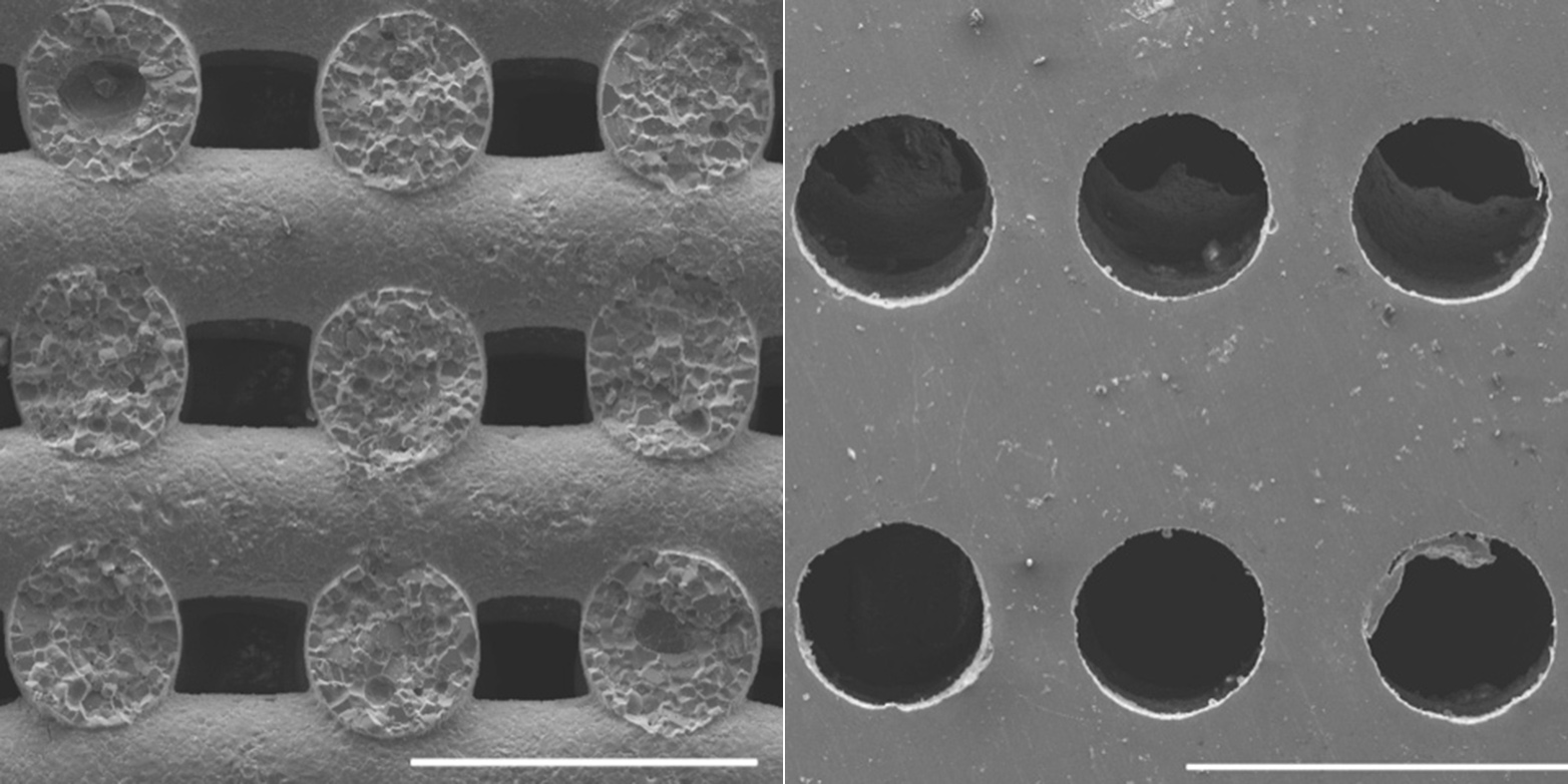 3D-gedrucktes Salzgerüst (links, Massstab: 1 mm), in welches in einem weiteren Schritt Magnesiumschmelze infiltriert wird. Nach dem Auswaschen des Salzes bleibt Magnesium mit regelmässig angeordneten Poren zurück (r.). (Bilder: Laboratorium für Metallphysik und Technologie / Komplexe Materialien /&nbsp; ETH Zürich)