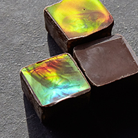 Schokoladen-Pralinen mit regenbogenfarbig schillernder Oberfläche
