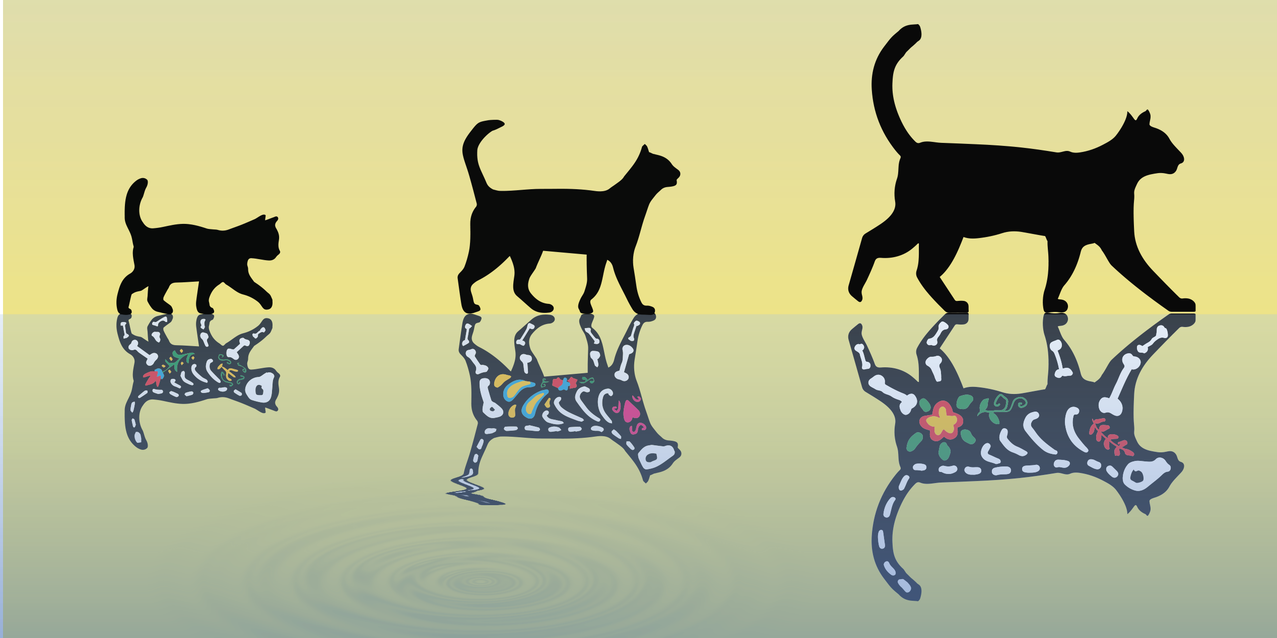 Künstlicherische Illustration von drei Katzen und ihren Spiegelbildern um Schroedinger Katzen zu symbolisieren