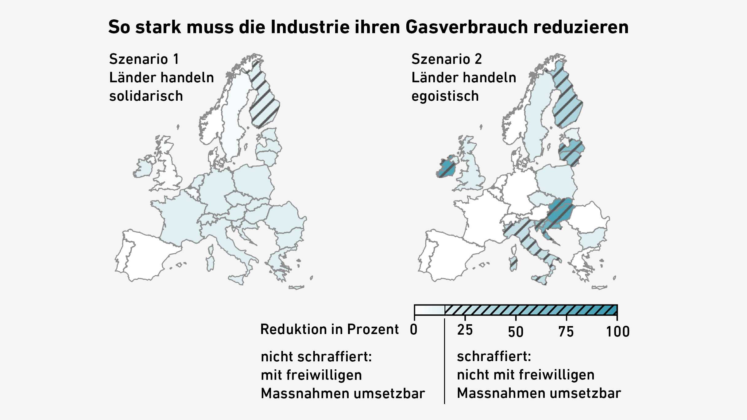 Vergrösserte Ansicht: Grafik, Karte von Europa, wie stark welches Land den Gasverbrauch reduzieren muss.