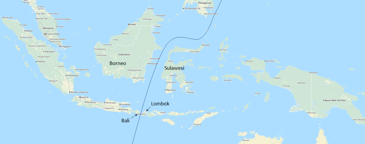 Vergrösserte Ansicht: Landkarte auf der die Wallace-Linie erkennbar ist. Die Linien geht zwischen Borneo und Sulawesi durch.