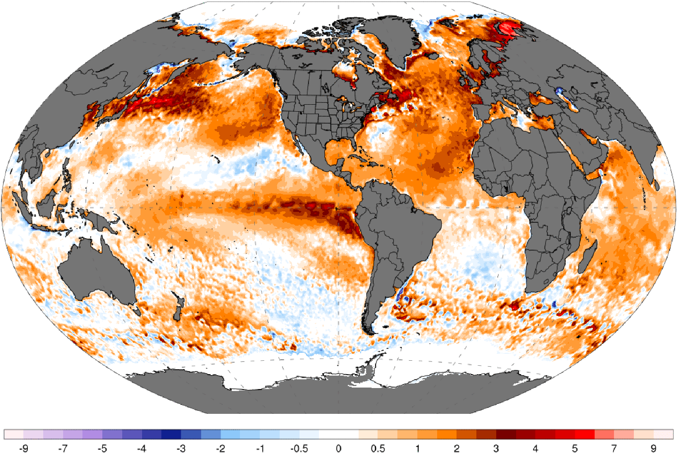 Vergrösserte Ansicht: Weltkarte, die die unterschiedlichen Oberflächentemperaturen der Meere zeigt.
