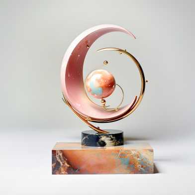 Skulptur, die auf einem Marmorsockel steht. Krümmungen umfassen einen in der Mitte stehenden kleinen Globus.