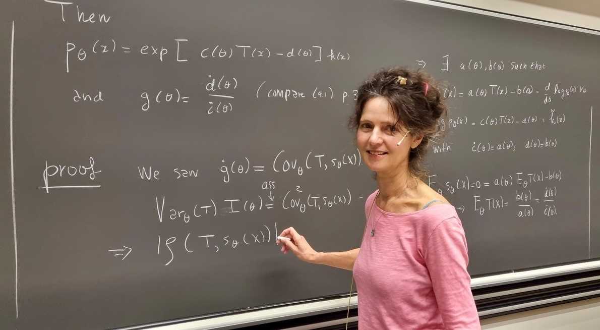 Sara van de Geer vor einer Wandtafel auf welche sie mathematische Formeln geschrieben hat.