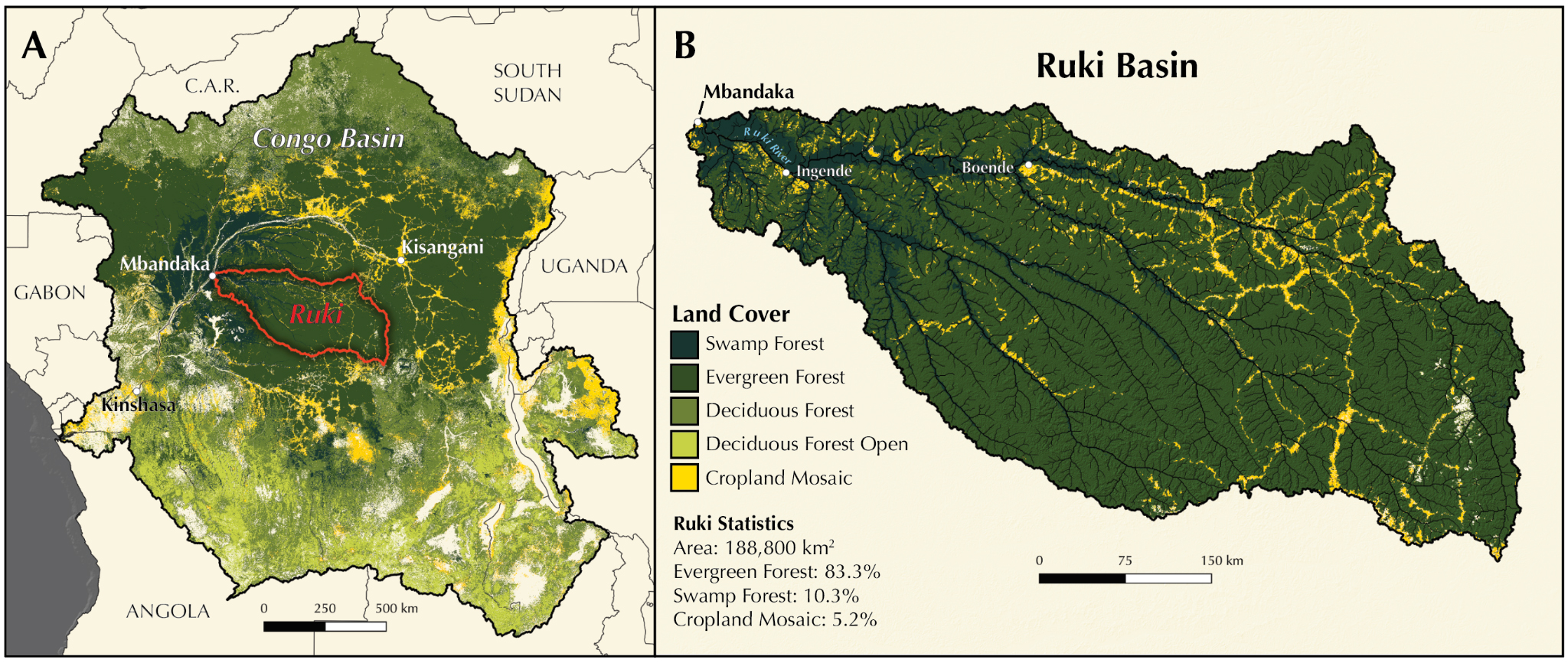 Vergrösserte Ansicht: Karte, welche das Ruki-Becken in der Demokratischen Republik Kongo zeigt (links) und Karte, die die Ruki Basin zeigt (rechts)