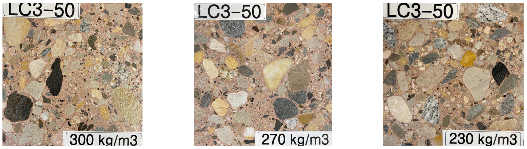 Vergrösserte Ansicht: Drei Mikroskopaufnahmen des LC3-50 Betons von links nach rechts mit abnehmender Zementgehalt ist eine dichtere Struktur zu erkennen.