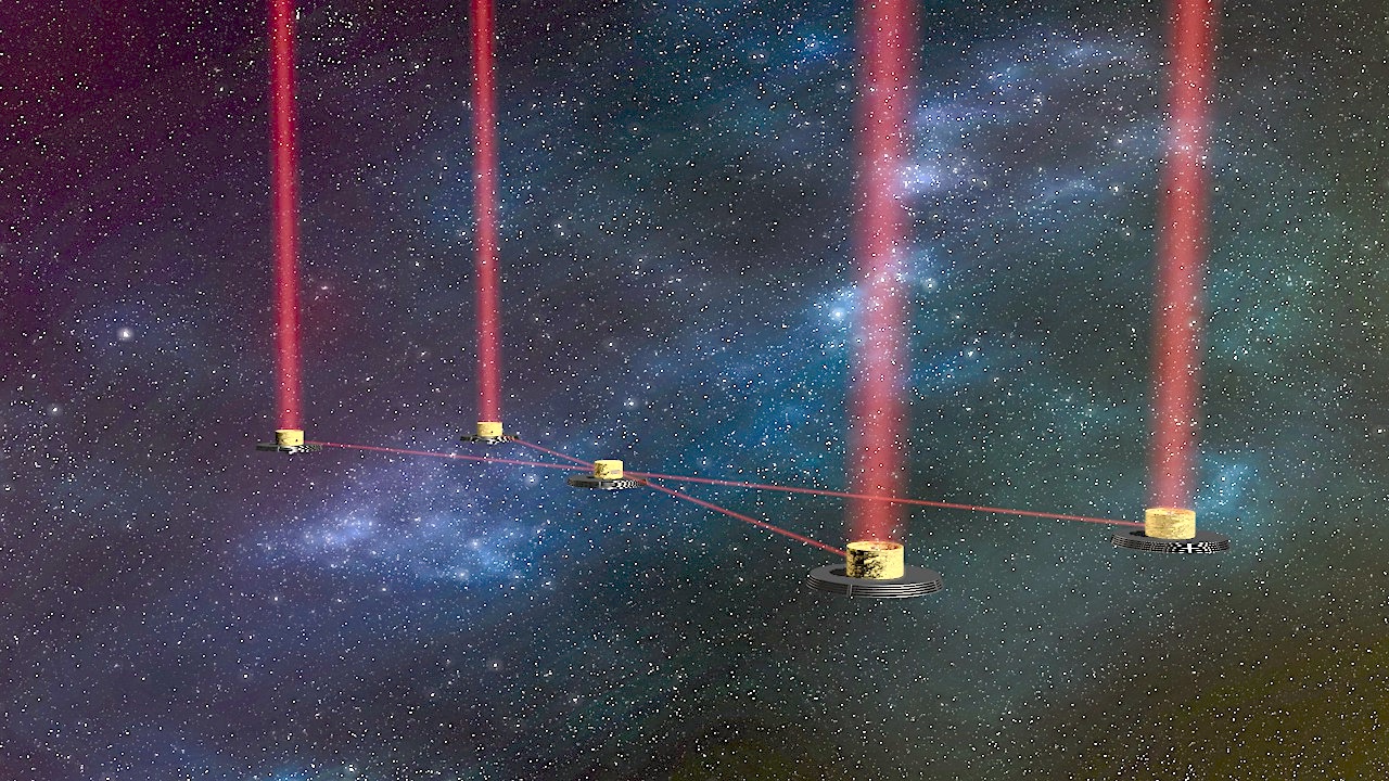 Fünf Satteliten im Weltall welche je einen roten Strahl ins Universum leuchten.