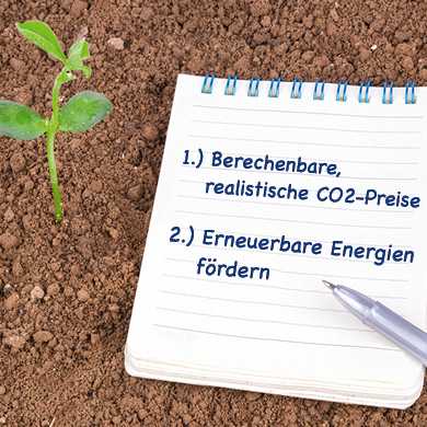 Zehn Punkte für den Klimaschutz: Block mit Punkt 1 und 2 neben keimenden Pflanzen
